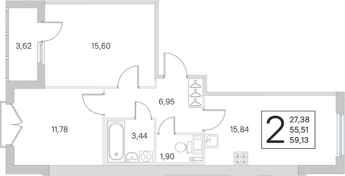 2-комнатная квартира 55.51 м², 3/4 эт., ЖК «Любоград в Стрельне»